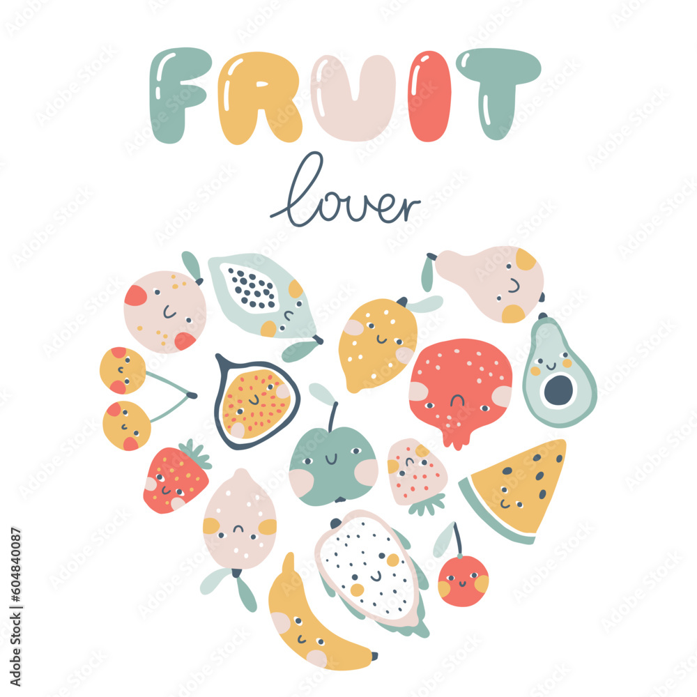 Tropical fruits in the shape of a heart template with the inscription fruit lover. A cute baby print in a pastel palette is perfect for printing. Hand-drawn simple cartoon style for kids.