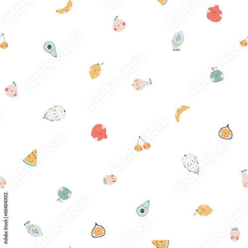 Tropical fruits seamless pattern. Vector cartoon colorful background with cute smiling fruit characters in simple hand-drawn style. Pastel trendy colors on a white background. Ideal for kids.