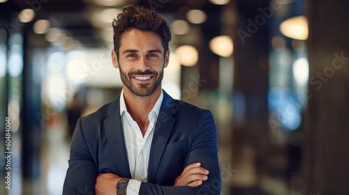 Portrait capturing a businessman professional in a modern office. Generative AI.