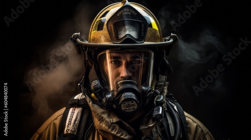 Firefighter portrait on duty. Generative AI.