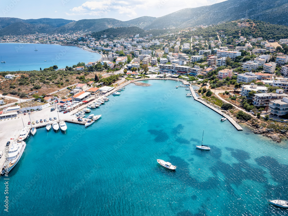 Aerial view of the village Porto Rafti, east of Athens, Greece, popular destination for tourists and weekenders