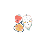 Tropical cute fruits composition. Hand drawn simple doodle style cartoon for kids. Baby characters with smiles. The pastel trend palette is perfect for printing. Vector isolate illustration.