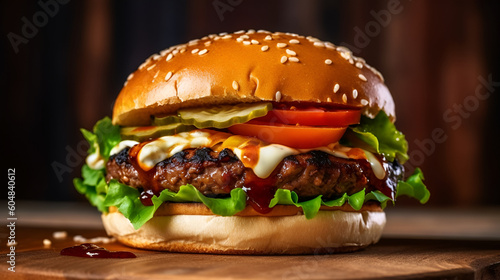 Close-up home made beef burger on wooden table for food advertising and background Generative AI