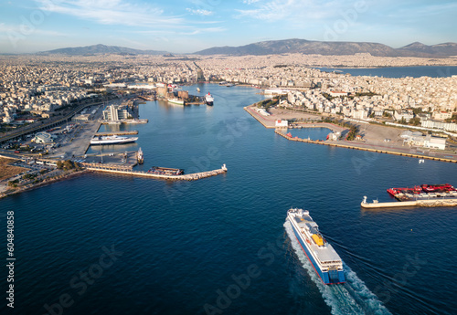Aerial view of the Piraeus harbour and district at Athens, Greece, hub for tourists and ferry boats