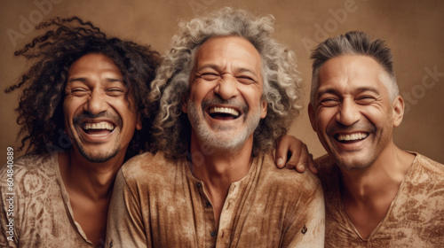 Three joyful senior men friends share a lively moment together, posing on a studio background. Generative AI
