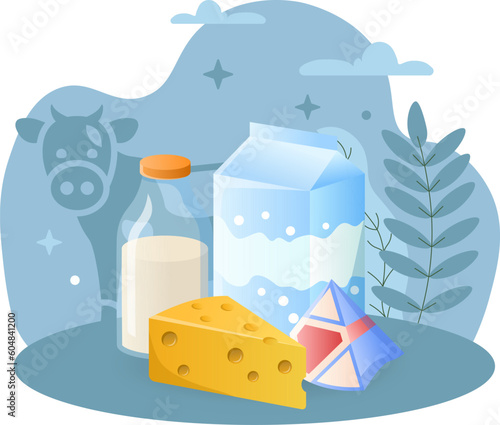 Milk product illustration. Package, bottle, cheese, diary. Editable vector graphic design.