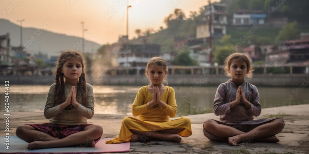 Group of children doing meditation yoga asana, sit on the banks of the Ganges river in India. Kids practicing yoga early in the morning, training yoga together. International yoga day. AI Generative