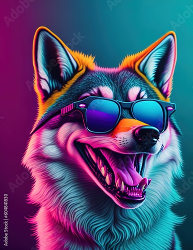 Portrait of a fun fashion dog wolf in neon light in pink magenta and cyan blue tones. Futuristic, cyberpunk or hipster in fluorescent sunglasses. generative ai
