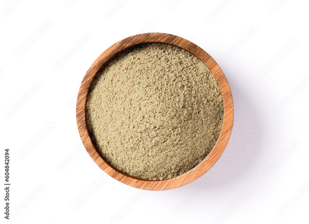 Maca powder in wooden bowl isolated on white background. Top view. Flat lay. Maca powder in wooden bowl isolated on white background. Top view. Flat lay.