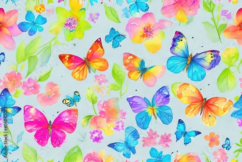 Abstract watercolor pattern with flowers and butterflies. Background wallpaper. generative ai © Pictures Paradise