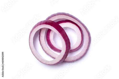 Fresh red onion ring sliced isolated on white background, top view, flat lay.