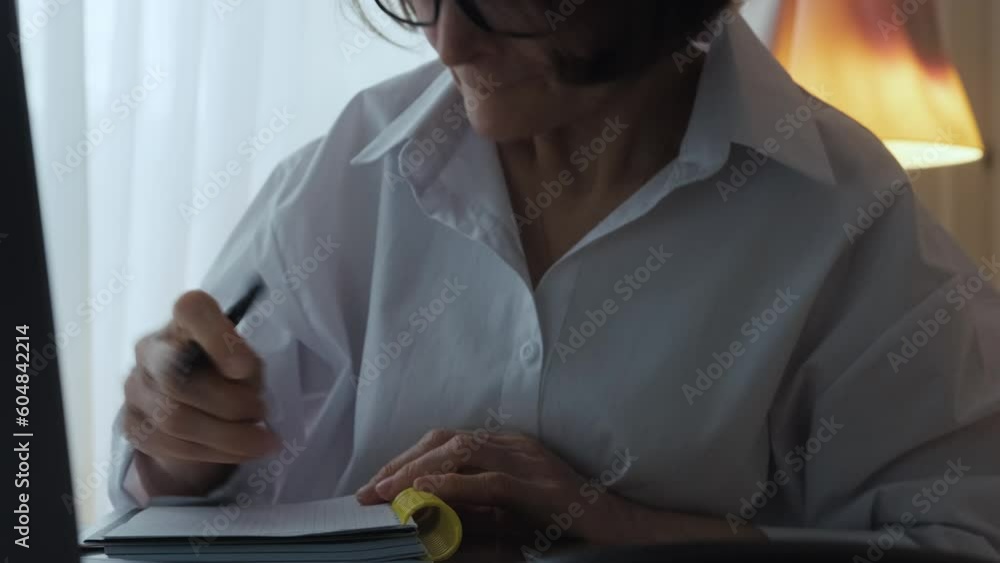 The pensioner carefully write down the list of debts in a notebook. An elderly woman in a white shirt sits at a computer and looks through various information about bills and utilities. The pensioner carefully write down the list of debts in a notebook. An elderly woman in a white shirt sits at a computer and looks through various information about bills and utilities.