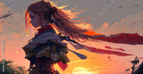 a sad samurai woman in armor, concept art style at sunset, generative ai technology