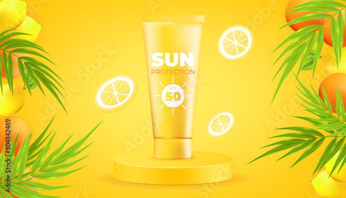 Vector illustration of juicy citrus, exotic leaves and palm trees on a yellow background, and a sunscreen tube on a pedestal. Hydrating and moisturizing lotion for summer tanning, with UV protect