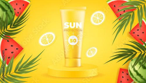 Vector illustration of juicy watermelon, exotic leaves and palm trees on a yellow background, and a sunscreen tube on a pedestal. Hydrating and moisturizing lotion for summer tanning, with UV protect