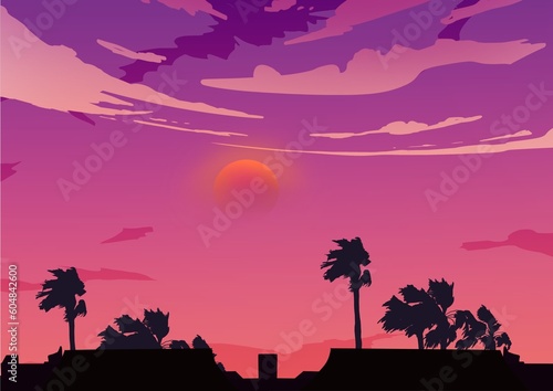 Pastel pink colors of the summer sunset sky. Palm tree leaves silhouettes