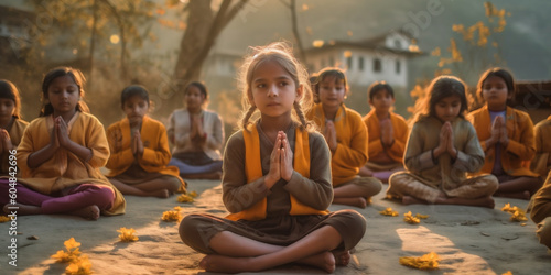 Group of children doing meditation yoga asana, sit on the banks of the Ganges river in India. Kids practicing yoga early in the morning, training yoga together. International yoga day. AI Generative