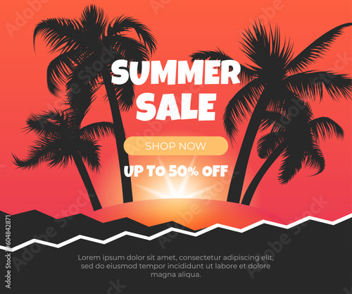 Tropical summer sale event with a fun and retro design. Use for banners, posters, invitations. Sunset with palm tree silhouette.