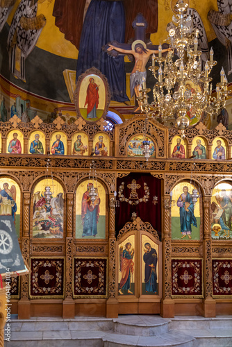 Interior of the Greek orthodox Church of St George, the wedding church in Kfar Cana Israel. 