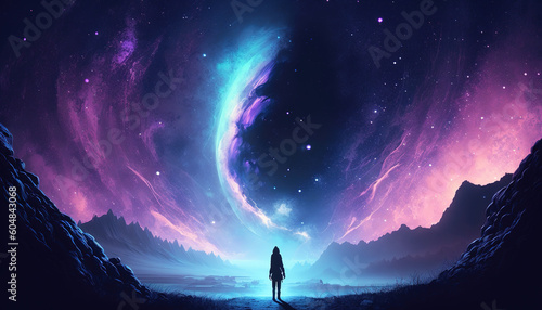 a lonely woman watching a magical big sky, universe scifi artwork, generative ai technology