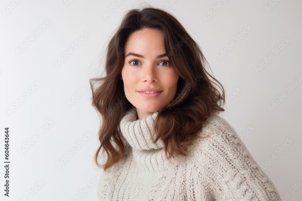 Medium shot portrait photography of a glad girl in her 30s wearing a cozy sweater against a white background. With generative AI technology Medium shot portrait photography of a glad girl in her 30s wearing a cozy sweater against a white background. With generative AI technology