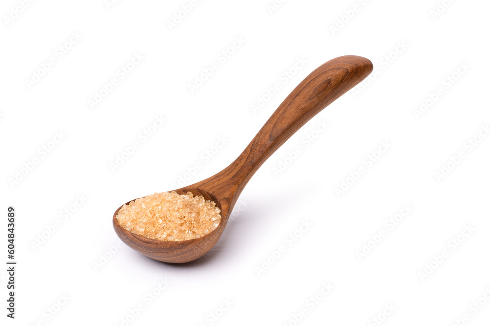 Brown sugar in wooden spoon isolated on white background with clipping path. Brown sugar in wooden spoon isolated on white background with clipping path.