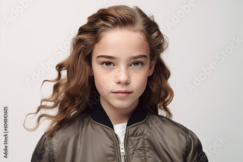 Close-up portrait photography of a satisfied kid female wearing a sleek bomber jacket against a white background. With generative AI technology