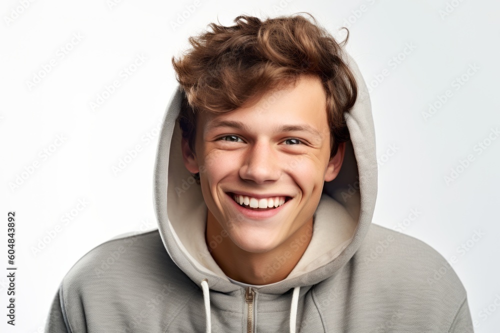 Lifestyle portrait photography of a happy boy in his 30s wearing a cozy zip-up hoodie against a white background. With generative AI technology