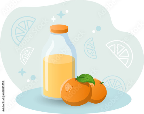 Fruit drinks illustration. Orange, bottle, juice, leaf. Editable vector graphic design.