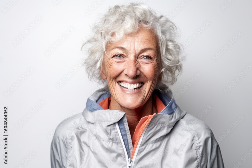 Conceptual portrait photography of a happy mature woman wearing a lightweight windbreaker against a white background. With generative AI technology