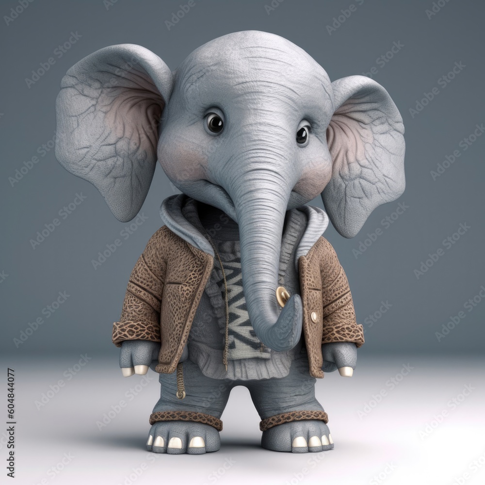 3D cartoon Elephant portrait wearing clothes, standing in front, generative ai