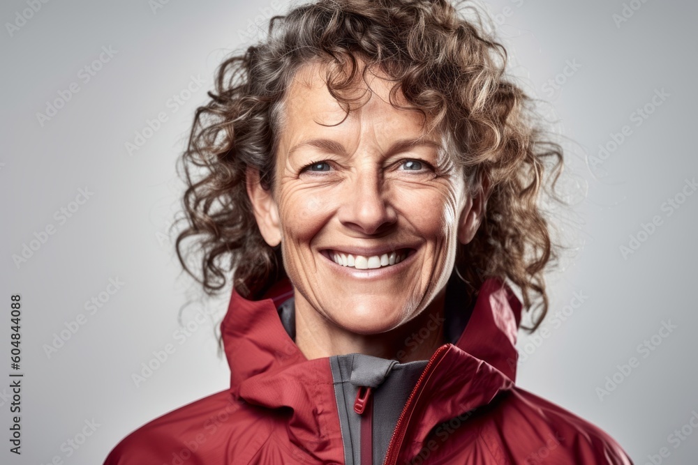 Conceptual portrait photography of a happy mature woman wearing a lightweight windbreaker against a white background. With generative AI technology Conceptual portrait photography of a happy mature woman wearing a lightweight windbreaker against a white background. With generative AI technology
