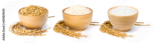 Paddy rice, white rice and rice flour in wooden bowl isolated on white background. photo