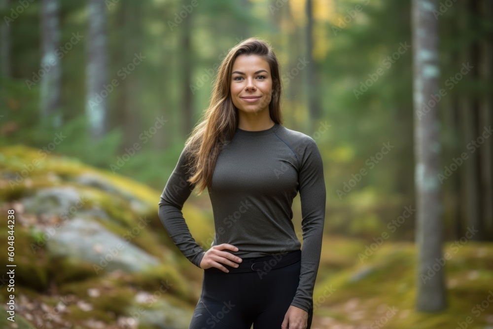 Medium shot portrait photography of a glad girl in her 30s wearing flexible yoga pants against a forest background. With generative AI technology Medium shot portrait photography of a glad girl in her 30s wearing flexible yoga pants against a forest background. With generative AI technology