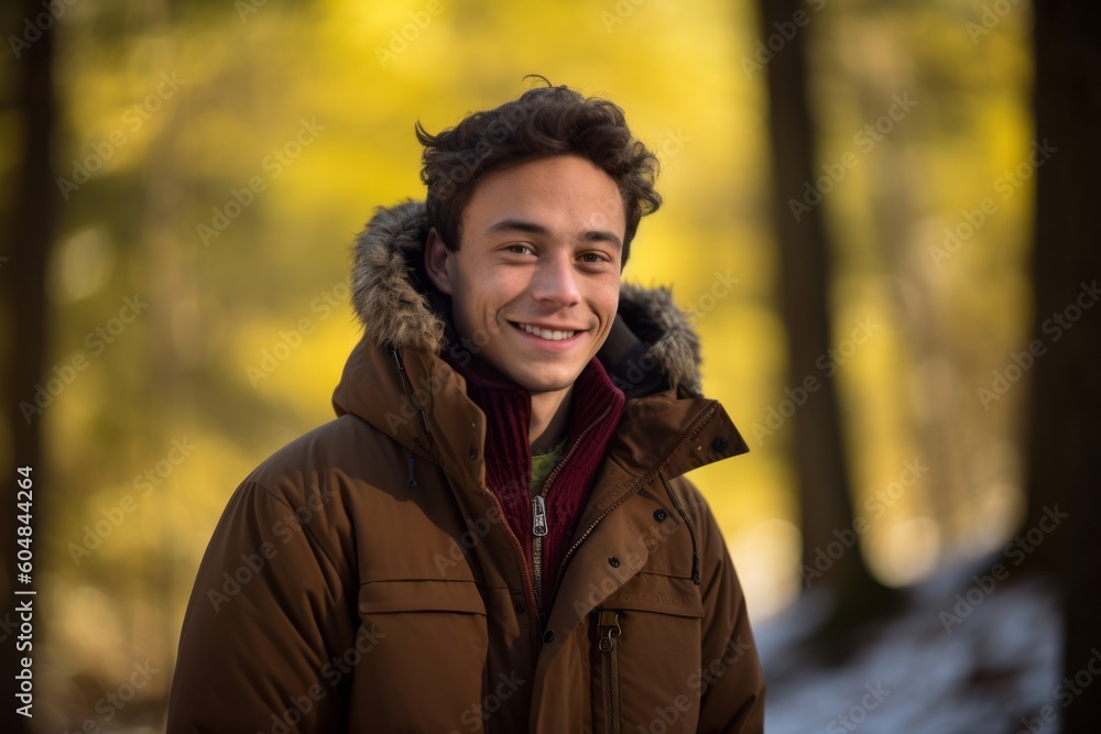 Environmental portrait photography of a satisfied boy in his 30s wearing a warm parka against a forest background. With generative AI technology Environmental portrait photography of a satisfied boy in his 30s wearing a warm parka against a forest background. With generative AI technology