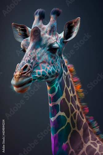 Colorful, neon, magic, acid, futuristic portrait of a giraffe on a dark black background