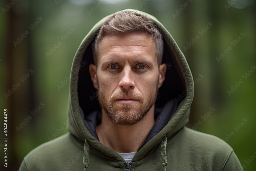 Close-up portrait photography of a glad boy in his 30s wearing a comfortable hoodie against a forest background. With generative AI technology Close-up portrait photography of a glad boy in his 30s wearing a comfortable hoodie against a forest background. With generative AI technology