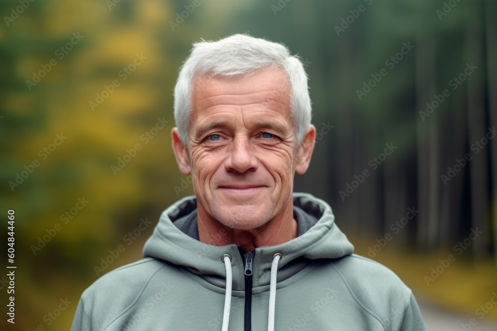 Medium shot portrait photography of a satisfied mature man wearing a comfortable hoodie against a forest background. With generative AI technology