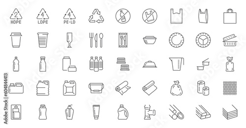 Plastic packaging line icons set. Disposable tableware, water bottle, blister pack, container, canister, garbage bag, bubble wrap vector illustration. Outline signs of polyethylene. Editable Stroke