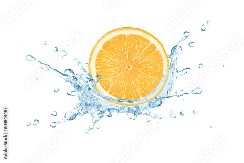 Orange fruit in water splash isolated on white background.