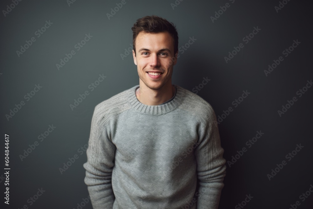 Medium shot portrait photography of a glad boy in his 30s wearing a cozy sweater against a minimalist or empty room background. With generative AI technology Medium shot portrait photography of a glad boy in his 30s wearing a cozy sweater against a minimalist or empty room background. With generative AI technology