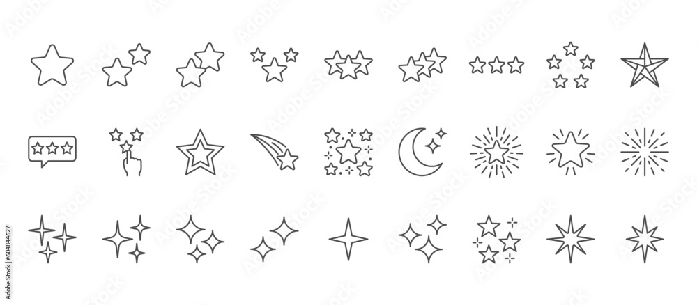 Stars line icons set. Rank - quality, favorite, bright firework, falling, flash, flickering, shining sparkle, magic, fantasy vector illustration. Outline signs for good habits. Editable Stroke