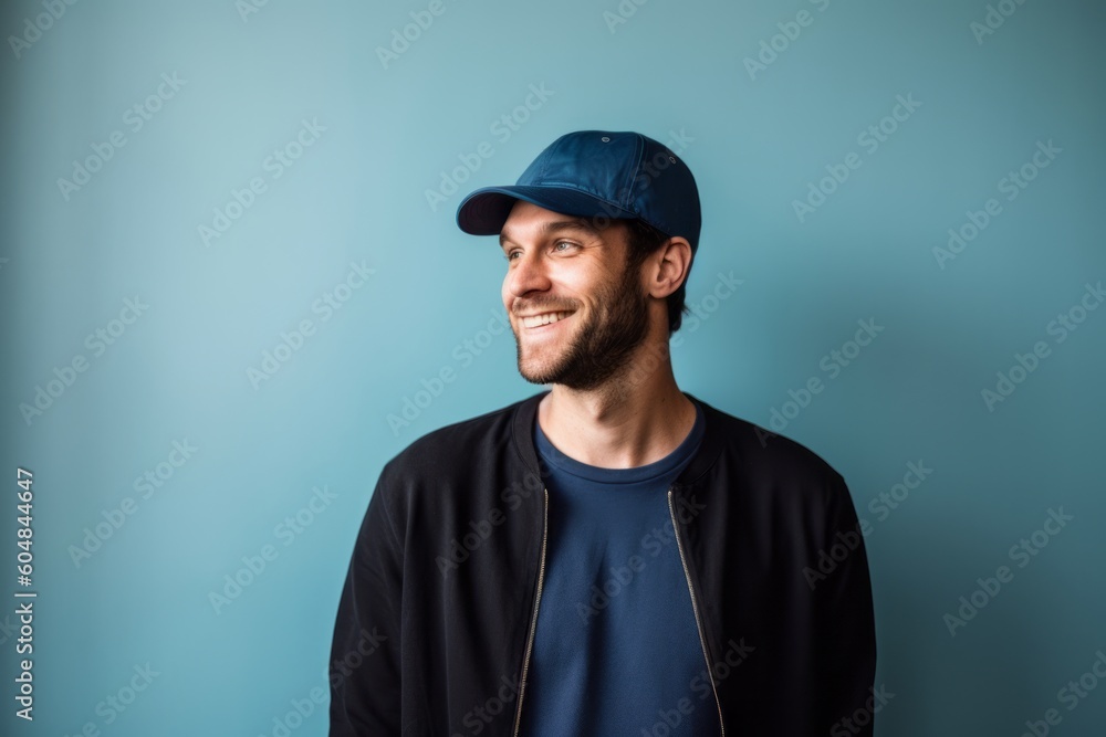 Medium shot portrait photography of a glad boy in his 30s wearing a cool cap or hat against a minimalist or empty room background. With generative AI technology Medium shot portrait photography of a glad boy in his 30s wearing a cool cap or hat against a minimalist or empty room background. With generative AI technology