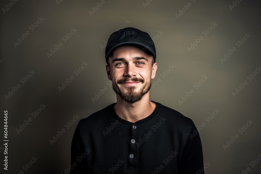 Medium shot portrait photography of a glad boy in his 30s wearing a cool cap or hat against a minimalist or empty room background. With generative AI technology Medium shot portrait photography of a glad boy in his 30s wearing a cool cap or hat against a minimalist or empty room background. With generative AI technology