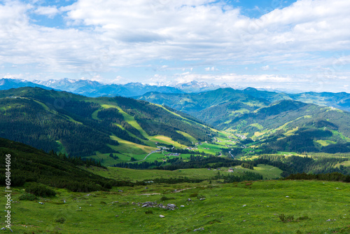 Obraz na płótnie Mountainous view toward Rotelstein mountain (2247m) in Schladming-Dachstein region of Styria in Austria. Mountains in the backdrop are Zillertaller Alps and Hochkonig. w salonie