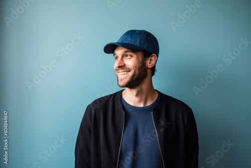 Medium shot portrait photography of a glad boy in his 30s wearing a cool cap or hat against a minimalist or empty room background. With generative AI technology