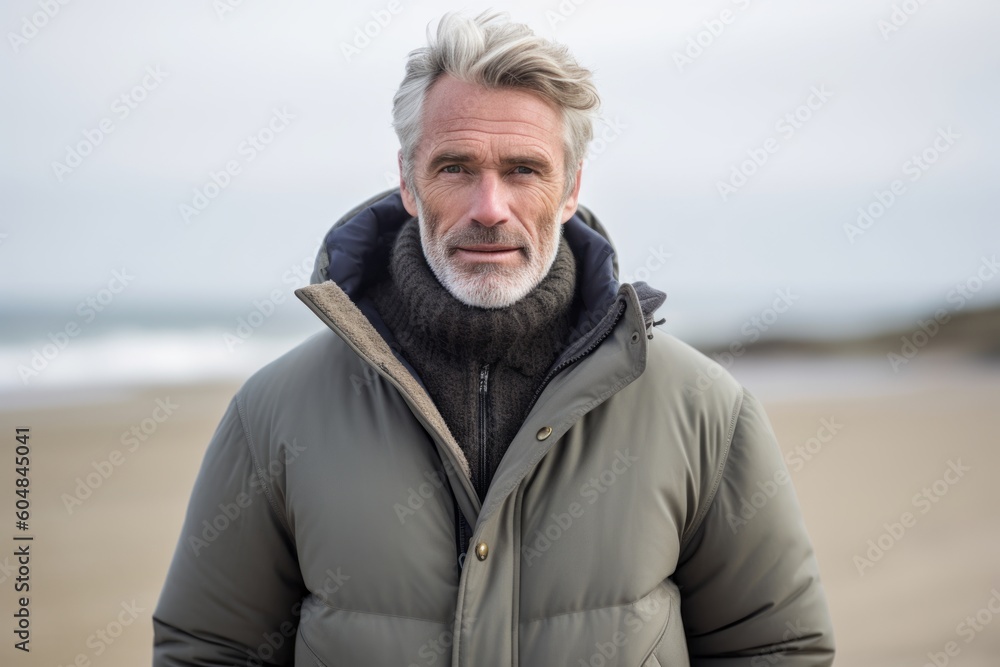 Lifestyle portrait photography of a glad mature man wearing a cozy winter coat against a beach background. With generative AI technology Lifestyle portrait photography of a glad mature man wearing a cozy winter coat against a beach background. With generative AI technology