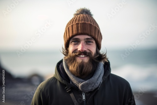 Environmental portrait photography of a satisfied boy in his 30s wearing a warm beanie or knit hat against a beach background. With generative AI technology