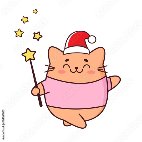 Cute red cat in a Christmas hat with a magic wand in the style of kawaii. Vector illustration © lovaisme