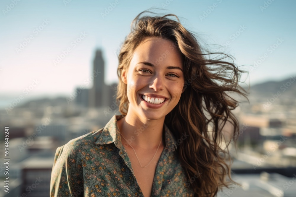 Medium shot portrait photography of a joyful girl in her 30s wearing a classy button-up shirt against a city skyline background. With generative AI technology